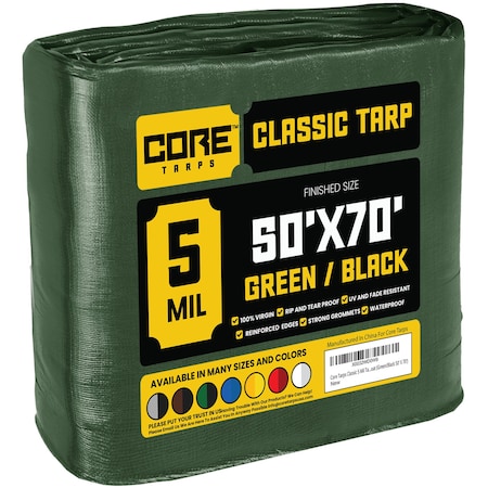 Core Tarps Tarp, 70 ft L x 0.5 mm H x 50 ft W, 5 Mil, Green/Black, Polyethylene CT-503-50X70